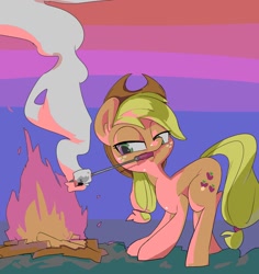 Size: 1750x1850 | Tagged: safe, artist:baigak, derpibooru import, applejack, earth pony, pony, applejack's hat, bonfire, clothes, cowboy hat, female, fire, food, hat, mare, marshmallow, mouth hold, smoke, solo