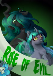 Size: 2894x4093 | Tagged: safe, artist:stormcloud-yt, derpibooru import, queen chrysalis, oc, changeling, changeling queen, banner, bust, changeling queen oc, duo, flower, parent:queen chrysalis, poison joke, smiling