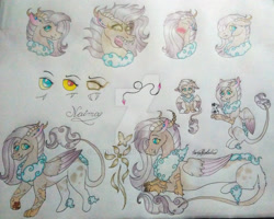 Size: 1920x1537 | Tagged: safe, artist:monse2001, derpibooru import, oc, oc only, draconequus, hybrid, deviantart watermark, draconequus oc, heterochromia, interspecies offspring, obtrusive watermark, offspring, parent:discord, parent:fluttershy, parents:discoshy, reference sheet, traditional art, watermark