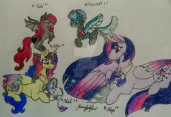 Size: 1920x1312 | Tagged: safe, artist:monse2001, derpibooru import, princess twilight 2.0, twilight sparkle, twilight sparkle (alicorn), oc, oc:emerald, oc:kiah, oc:niyat, oc:rubi, oc:stella sparkle, alicorn, bat pony, changedling, changeling, pony, the last problem, adopted offspring, alicorn oc, baby, baby pony, bat pony oc, bat wings, changedling oc, changeling oc, deviantart watermark, ethereal mane, female, filly, flying, foal, horn, lying down, mare, obtrusive watermark, offspring, older, older twilight, parent:comet tail, parent:twilight sparkle, parents:cometlight, prone, starry mane, traditional art, watermark, wings