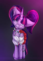 Size: 1024x1449 | Tagged: safe, artist:maneblue, derpibooru import, twilight sparkle, pony, unicorn, clothes, female, gradient background, insanity, mare, pigtails, skirt, smiling, solo