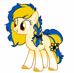 Size: 4096x4014 | Tagged: safe, artist:kiiitssss, derpibooru import, oc, oc only, oc:ukraine, earth pony, pony, absurd resolution, braid, coat markings, colored hooves, earth pony oc, female, flower, flower in tail, freckles, full body, grin, hooves, mare, nation ponies, show accurate, simple background, smiling, socks (coat marking), solo, standing, sunflower, tail, two toned mane, two toned tail, ukraine, white background