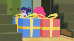 Size: 3410x1920 | Tagged: safe, derpibooru import, screencap, pinkie pie, sci-twi, twilight sparkle, equestria girls, friendship games, duo, duo female, eyes closed, female, glasses, high res, present