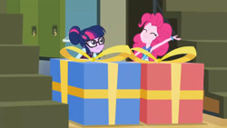 Size: 3410x1920 | Tagged: safe, derpibooru import, screencap, pinkie pie, sci-twi, twilight sparkle, equestria girls, friendship games, cute, diapinkes, duo, duo female, eyes closed, female, glasses, high res, present, smiling