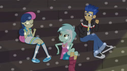 Size: 3410x1920 | Tagged: safe, derpibooru import, screencap, bon bon, flash sentry, lyra heartstrings, sweetie drops, equestria girls, friendship games, boots, clothes, eyes closed, female, high res, jacket, leather, leather jacket, male, shoes, smiling, trio