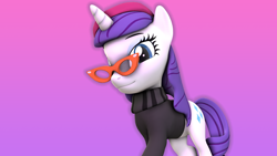 Size: 3840x2160 | Tagged: safe, derpibooru import, rarity, pony, 3d, clothes, glasses, hat, photoshop, source filmmaker