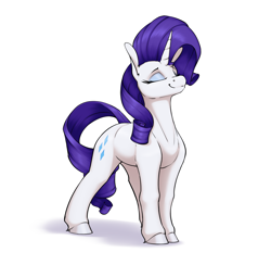 Size: 2610x2546 | Tagged: safe, artist:aquaticvibes, derpibooru import, rarity, pony, unicorn, eyes closed, female, full body, high res, hooves, horn, mare, shadow, simple background, smiling, solo, standing, tail, white background