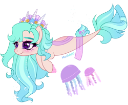 Size: 1024x841 | Tagged: safe, artist:marihht, derpibooru import, oc, oc only, jellyfish, seapony (g4), adoptable, blue mane, blushing, bubble, crown, dorsal fin, female, fins, fish tail, flowing mane, jewelry, purple eyes, regalia, seashell, signature, simple background, smiling, solo, swimming, tail, transparent background, underwater