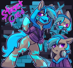 Size: 2367x2209 | Tagged: safe, artist:drawtheuniverse, derpibooru import, oc, oc only, oc:street cred, earth pony, pony, bipedal, clothes, headphones, headset, hoodie, mask, microphone, solo