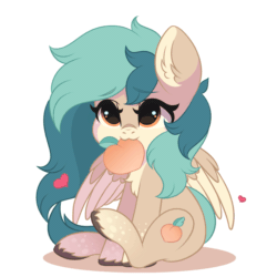 Size: 1397x1397 | Tagged: safe, artist:yomechka, derpibooru import, oc, oc only, oc:peacher, pegasus, pony, :3, animated, commission, cute, cutie mark, female, food, gif, heart, looking at you, mare, mouth hold, ocbetes, peach, pegasus oc, simple background, solo, tail, tail wag, white background, wings, ych animation, ych result