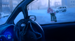 Size: 1931x1064 | Tagged: safe, artist:menalia, derpibooru import, oc, earth pony, pony, building, car, car interior, city, clothes, female, hair over one eye, jacket, looking at you, mare, pants, shoes, snow, tree, unnamed oc