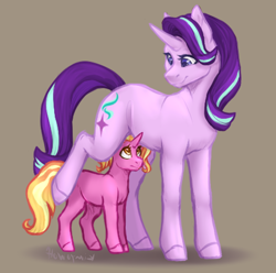 Size: 868x861 | Tagged: safe, artist:kimyowolf, derpibooru import, luster dawn, starlight glimmer, pony, unicorn, duo, female, filly, filly luster dawn, foal, looking at each other, looking down, looking up, luster dawn is starlight's and sunburst's daughter, mare, mother and child, mother and daughter, parent and child, simple background, smiling, younger