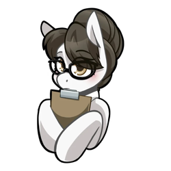 Size: 650x650 | Tagged: safe, artist:lrusu, derpibooru import, writing desk, bangs, blushing, clipboard, cute, female, glasses, hair bun, looking at you, looking back, looking back at you, mare, simple background, solo, white background