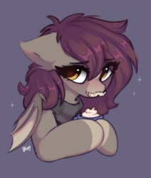 Size: 734x864 | Tagged: safe, artist:flixanoa, derpibooru import, oc, oc only, bat pony, pony, bat wings, bust, chocolate, clothes, cute, ear fluff, ears, eye clipping through hair, facial hair, female, floppy ears, food, happy, hot chocolate, mare, moustache, scarf, simple background, solo, sparkles, wings