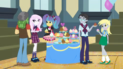 Size: 3410x1920 | Tagged: safe, derpibooru import, screencap, derpy hooves, fleur-de-lis, jet set, pixel pizazz, sandalwood, equestria girls, friendship games, balloon, boots, female, food, high res, male, messy eating, muffin, shoes, that pony sure does love muffins