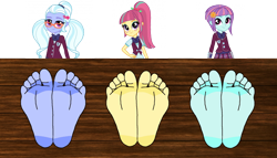 Size: 1280x733 | Tagged: safe, artist:billybonko, derpibooru import, sour sweet, sugarcoat, sunny flare, equestria girls, barefoot, feet, fetish, foot fetish, simple background, stocks, toes, transparent background