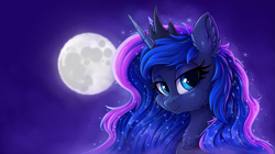 Size: 3637x2036 | Tagged: safe, artist:zeepheru_pone, derpibooru import, princess luna, alicorn, pony, bust, cheek fluff, chest fluff, ear fluff, ears, ethereal mane, female, high res, looking at you, mare, moon, peytral, portrait, smiling, smiling at you, solo, starry mane