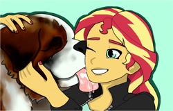 Size: 1282x822 | Tagged: safe, artist:annadrawing23, derpibooru import, sunset shimmer, dog, equestria girls, beethoven (dog), crossover, duo, female, licking, ludwig van beethoven, male, simple background, smiling, st. bernard, tongue, tongue out
