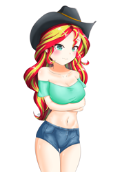 Size: 1280x1811 | Tagged: safe, artist:zoxriver503, derpibooru import, sunset shimmer, human, bare shoulders, breasts, clothes, cowboy hat, daisy dukes, female, hat, humanized, midriff, shorts, simple background, solo, sunset jiggler, white background