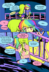 Size: 3087x4524 | Tagged: safe, artist:0828m, derpibooru import, applejack, rainbow dash, equestria girls, appledash, clothes, comic, duo, duo female, eyes closed, female, freckles, lesbian, looking at each other, looking at someone, manga, shipping, speech bubble