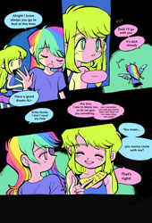 Size: 3087x4529 | Tagged: safe, artist:0828m, derpibooru import, applejack, rainbow dash, equestria girls, appledash, clothes, comic, duo, duo female, eyes closed, female, freckles, lesbian, looking at someone, manga, shipping, speech bubble, wings