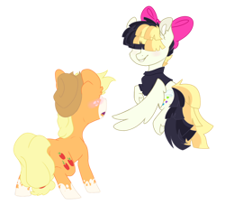 Size: 938x852 | Tagged: safe, artist:that-softscorpio, derpibooru import, applejack, songbird serenade, g4, my little pony: the movie, applejack's hat, black shirt, bow, clothes, coat markings, cowboy hat, cute, female, flying, hair bow, hat, jackabetes, lesbian, multicolored mane, multicolored tail, pink bow, shipping, simple background, songbetes, songjack, transparent background, two toned mane, two toned tail