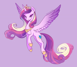 Size: 2475x2160 | Tagged: safe, artist:tomi_ouo, derpibooru import, princess cadance, alicorn, pony, female, flying, high res, looking at you, mare, purple background, simple background, smiling, smiling at you, solo, spread wings, wings