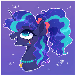 Size: 2000x2000 | Tagged: safe, artist:tomi_ouo, derpibooru import, princess luna, alicorn, pony, between dark and dawn, 80s princess luna, alternate hairstyle, bust, colored pupils, cute, female, high res, lunabetes, mare, open mouth, open smile, ponytail, portrait, profile, purple background, simple background, smiling, solo, sparkles, white outline
