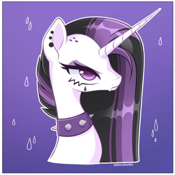 Size: 2000x2000 | Tagged: safe, artist:tomi_ouo, derpibooru import, princess celestia, pony, between dark and dawn, bust, collar, colored pupils, ear piercing, female, mare, piercing, portrait, punklestia, purple background, simple background, solo, spiked collar, teardrop