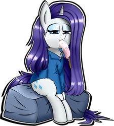 Size: 1504x1668 | Tagged: artist needed, safe, derpibooru import, rarity, pony, unicorn, clothes, eating, female, food, hooves, horn, ice cream, lidded eyes, mare, outline, simple background, sitting, solo, suggestive eating, white background