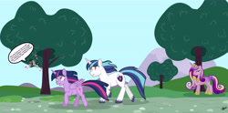 Size: 8215x4082 | Tagged: safe, artist:princessmoonsilver, derpibooru import, princess cadance, shining armor, twilight sparkle, twilight sparkle (alicorn), oc, oc:checkerboard, alicorn, pegasus, pony, unicorn, heart eyes, running, running away, siblings, spell, tree, want it need it, wingding eyes