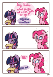 Size: 1000x1446 | Tagged: safe, artist:lou, derpibooru import, pinkie pie, twilight sparkle, earth pony, pony, unicorn, animated, comic, female, horn, joke, lame pun reaction, pun, speech bubble, stars, vibrating