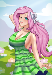 Size: 1347x1920 | Tagged: source needed, safe, artist:thebrokencog, derpibooru import, fluttershy, human, big breasts, bow, breasts, cleavage, clothes, commission, cute, dress, female, field, flower, hair bow, hootershy, humanized, looking at you, shyabetes, sideboob, smiling, smiling at you, solo