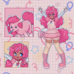 Size: 1440x1440 | Tagged: safe, artist:shineroii, derpibooru import, pinkie pie, earth pony, human, pony, bag, blouse, blue eyes, boots, bow, bracelet, cardigan, choker, clothes, cute, dark skin, eared humanization, ears, female, food, full body, hairclip, happy, heart, humanized, jewelry, kneesocks, long sleeves, open mouth, party horn, pink background, pink hair, pink mane, shoes, simple background, skirt, smiling, socks, sprinkles, stars, tail, tailed humanization