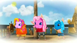 Size: 753x419 | Tagged: safe, derpibooru import, edit, pinkie pie (g3), starbeam, triple treat, earth pony, pig, pony, g3, clothes, crossover, female, hoodie, ian (olivia), julian (olivia), male, mare, meme, olivia (character), olivia (series), pirate, ship, sweater