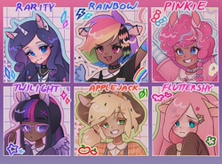 Size: 750x556 | Tagged: safe, artist:shineroii, derpibooru import, applejack, fluttershy, pinkie pie, rainbow dash, rarity, twilight sparkle, twilight sparkle (alicorn), alicorn, human, g4, applebetes, bandaid, blackwashing, blushing, bow, choker, clothes, compilation, coontails, crystal, cute, dark skin, ear piercing, eared humanization, earring, ears, female, frown, glasses, group, hairpin, happy, horn, horned humanization, humanized, industrial piercing, jewelry, leaves, long sleeves, looking up, mane six, necklace, open mouth, piercing, raribetes, shy, shyabetes, smiling, smirk, spiked choker, twiabetes, winged humanization, wings