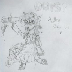 Size: 3028x3042 | Tagged: safe, artist:andley, derpibooru import, pinkie pie, earth pony, pony, bipedal, bowtie, clothes, dress, female, mare, oops, pencil drawing, sketch, solo, spilled drink, traditional art, tray, waitress
