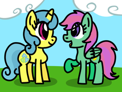 Size: 1024x768 | Tagged: safe, artist:danielthebrony57, derpibooru import, lemon hearts, pegasus, pony, unicorn, g4, banana bliss, bananadorable, cloud, cloudy, cute, duo, eye clipping through hair, eye contact, female, field, folded wings, grass, grass field, lemonbetes, looking at each other, looking at someone, mare, outdoors, raised hoof, raised leg, shadow, smiling, talking, wings