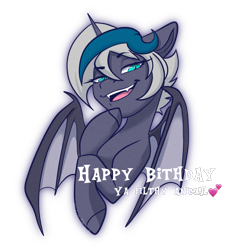 Size: 1243x1282 | Tagged: safe, artist:wicked-red-art, derpibooru import, oc, oc only, oc:elizabat stormfeather, alicorn, bat pony, bat pony alicorn, pony, alicorn oc, bat pony oc, bat wings, bedroom eyes, birthday, birthday gift, fangs, female, heart, horn, mare, misspelling, open mouth, raised hoof, raised leg, simple background, solo, transparent background, wings