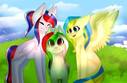 Size: 720x472 | Tagged: safe, artist:sonya silla, derpibooru import, oc, oc:belarus, oc:marussia, oc:ukraine, alicorn, pegasus, pony, unicorn, belarus, nation ponies, ponified, russia, trio, ukraine