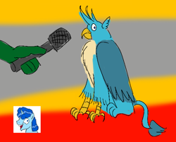 Size: 576x463 | Tagged: safe, artist:horsesplease, gallus, party favor, oc, oc:anon, griffon, doggie favor, doodle, gallus the rooster, gallusposting, i didn't listen, meme, microphone, ponified, ponified animal photo, ponified meme, russia