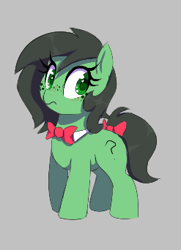 Size: 247x342 | Tagged: safe, artist:thebatfang, ponerpics import, oc, oc:anon filly, earth pony, pony, aggie.io, bow, female, filly, foal, freckles, gray background, looking back, lowres, simple background, tail bow