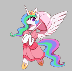 Size: 593x581 | Tagged: safe, artist:thebatfang, ponerpics import, princess celestia, alicorn, pony, aggie.io, bipedal, clothes, dress, female, gray background, mare, princess peach, simple background, smiling, super mario bros., umbrella