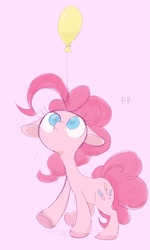 Size: 1986x3300 | Tagged: safe, artist:noupu, derpibooru import, pinkie pie, earth pony, pony, balloon, colored pupils, ears, female, floppy ears, looking up, mare, pink background, simple background, solo