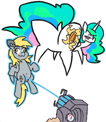 Size: 372x425 | Tagged: safe, artist:threetwotwo32232, derpibooru import, derpy hooves, princess celestia, alicorn, pegasus, belly button, butt, dock, duo, duo female, female, gmod, gravity gun, hooves, horn, mare, palindrome get, plot, simple background, tail, wavy mouth, white background