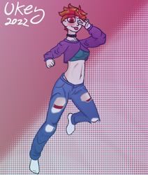 Size: 684x808 | Tagged: safe, artist:ukedideka, derpibooru import, oc, oc only, oc:lumen afterglow, human, abstract background, belly button, clothes, female, humanized, humanized oc, one eye closed, peace sign, signature, simple background, socks, solo, stocking feet, stockings, thigh highs, tongue, tongue out, wink