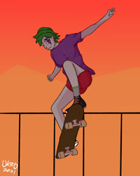 Size: 1280x1600 | Tagged: safe, artist:ukedideka, derpibooru import, oc, oc only, oc:quizzical aphre, human, clothes, colored pupils, eyebrows, female, humanized, jumping, looking at you, one eye closed, shoes, shorts, signature, skateboard, skateboarding, smiling, socks, solo, wink