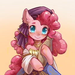Size: 2048x2048 | Tagged: safe, artist:qamar, derpibooru import, pinkie pie, earth pony, semi-anthro, friendship is witchcraft, bare shoulders, clothes, colored pupils, cute, detached sleeves, diapinkes, dress, ear fluff, ear piercing, earring, ears, female, gypsy bard, gypsy pie, headscarf, jewelry, piercing, pottery, romani, scarf, smiling, solo