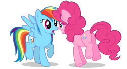 Size: 2316x1273 | Tagged: safe, artist:jakeneutron, derpibooru import, pinkie pie, rainbow dash, earth pony, pegasus, pony, duo, female, mare, open mouth, simple background, transparent background, vector