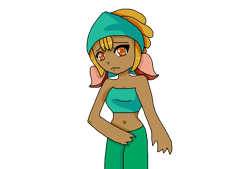 Size: 1200x812 | Tagged: safe, artist:phoebeartfulgirl992, derpibooru import, shanty goat, human, them's fightin' herds, animal ears, bandana, belly button, community related, female, frown, humanized, simple background, solo, transparent background, tube top